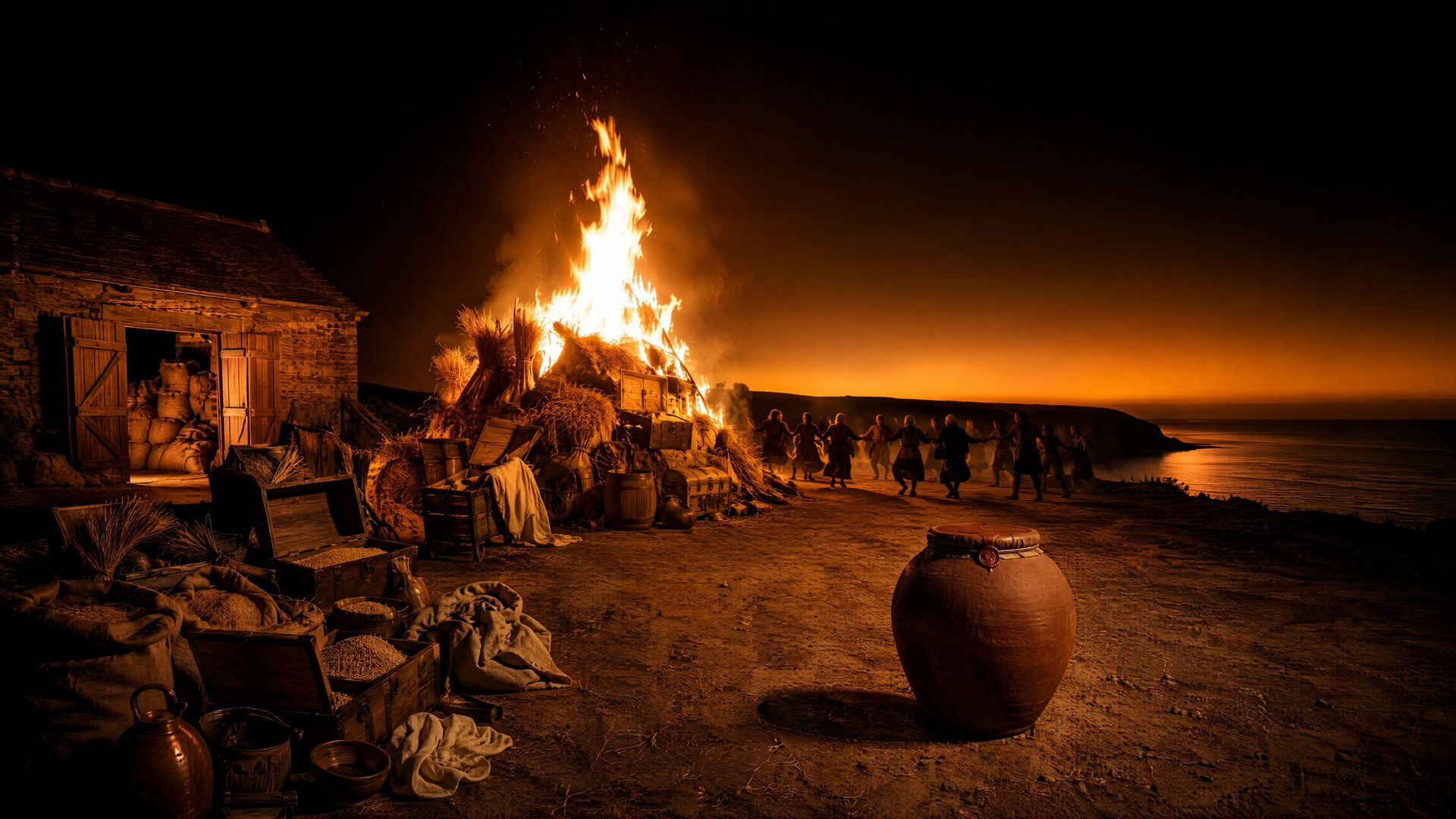 Night on a sea cliff: a bonfire of grain, chests and straw burns beside a stone barn while a line of dancers circles toward the water; in the foreground stands a large clay jar sealed with a leather drum-top and a wax seal.